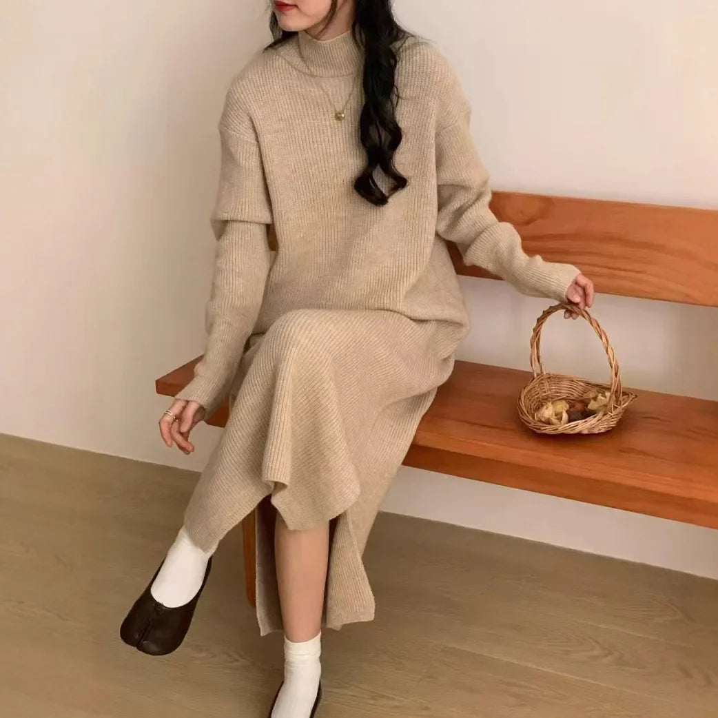 Women's cozy knit midi sweater dress relaxed fit with side slits, warm autumn winter style