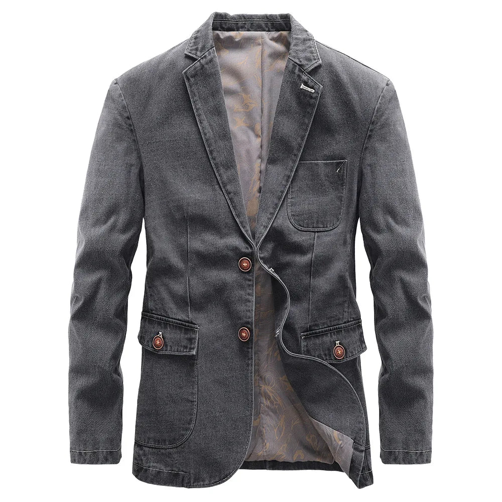 Men's casual denim blazer, blue cotton-blend with contrast stitching, notch lapel, utility pockets