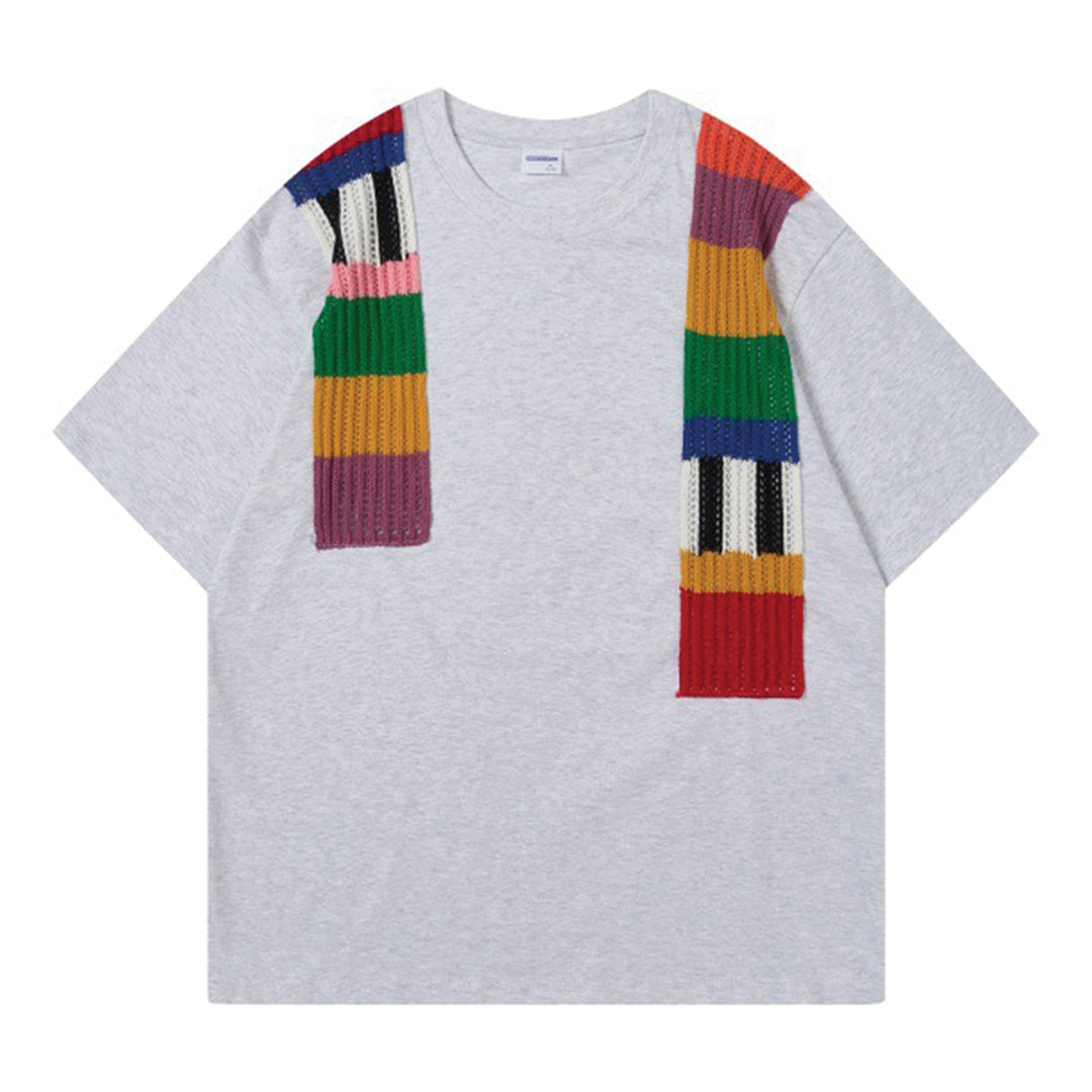 Black loose cotton tricot knit tee with crocheted color panel accents for women