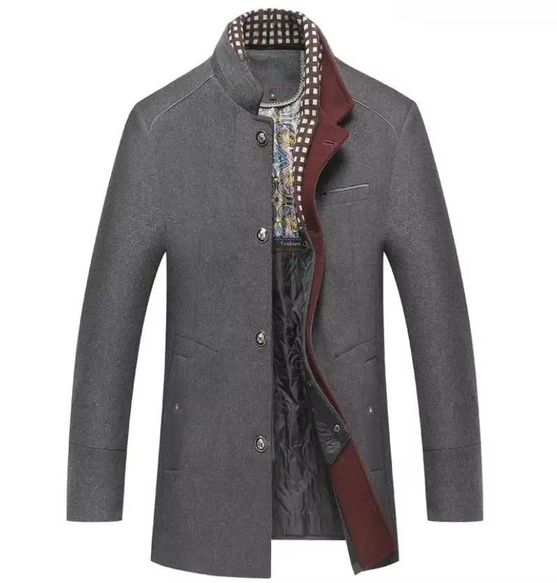 Men's charcoal wool blend insulated overcoat with distinctive scarf collar, tailored slim-fit silhouette