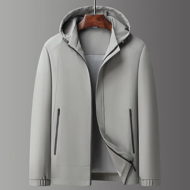 Men lightweight hybrid hooded jacket full zip weather-ready with zippered side pockets clean modern fit