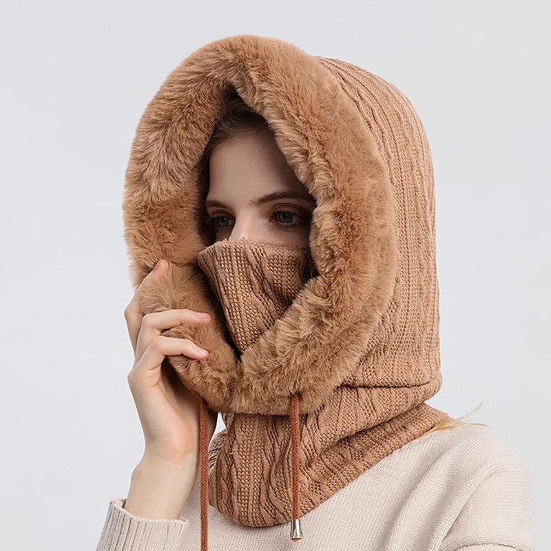 Women's cable knit balaclava with faux fur trim, drawstring high neck, cozy fitted winter accessory