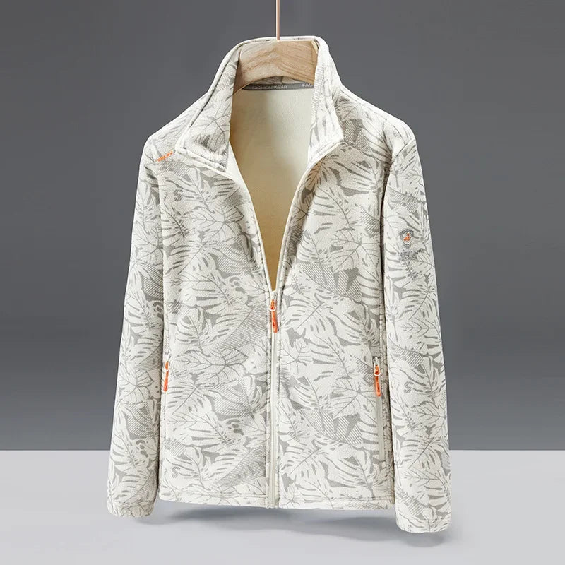 Men's gray fleece jacket standard fit high collar zip pockets soft texture lightweight warmth