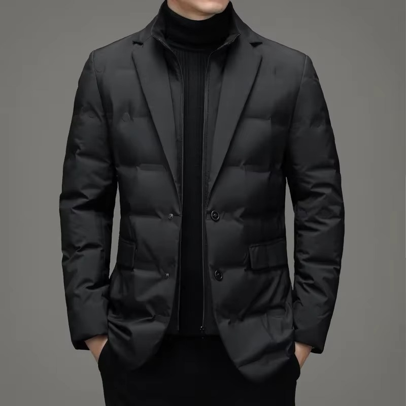 Men's winter stand collar blazer jacket two-piece look down-filled insulation slim business fit