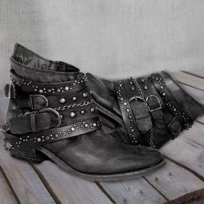 Women's western ankle boots PU leather low heel with buckle and chain details fashion forward style