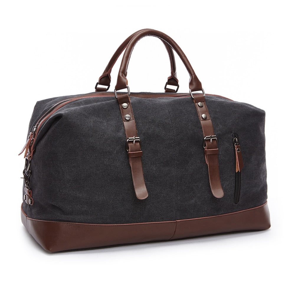 Men's structured leather duffel bag in brown, durable travel design with secure top zip closure