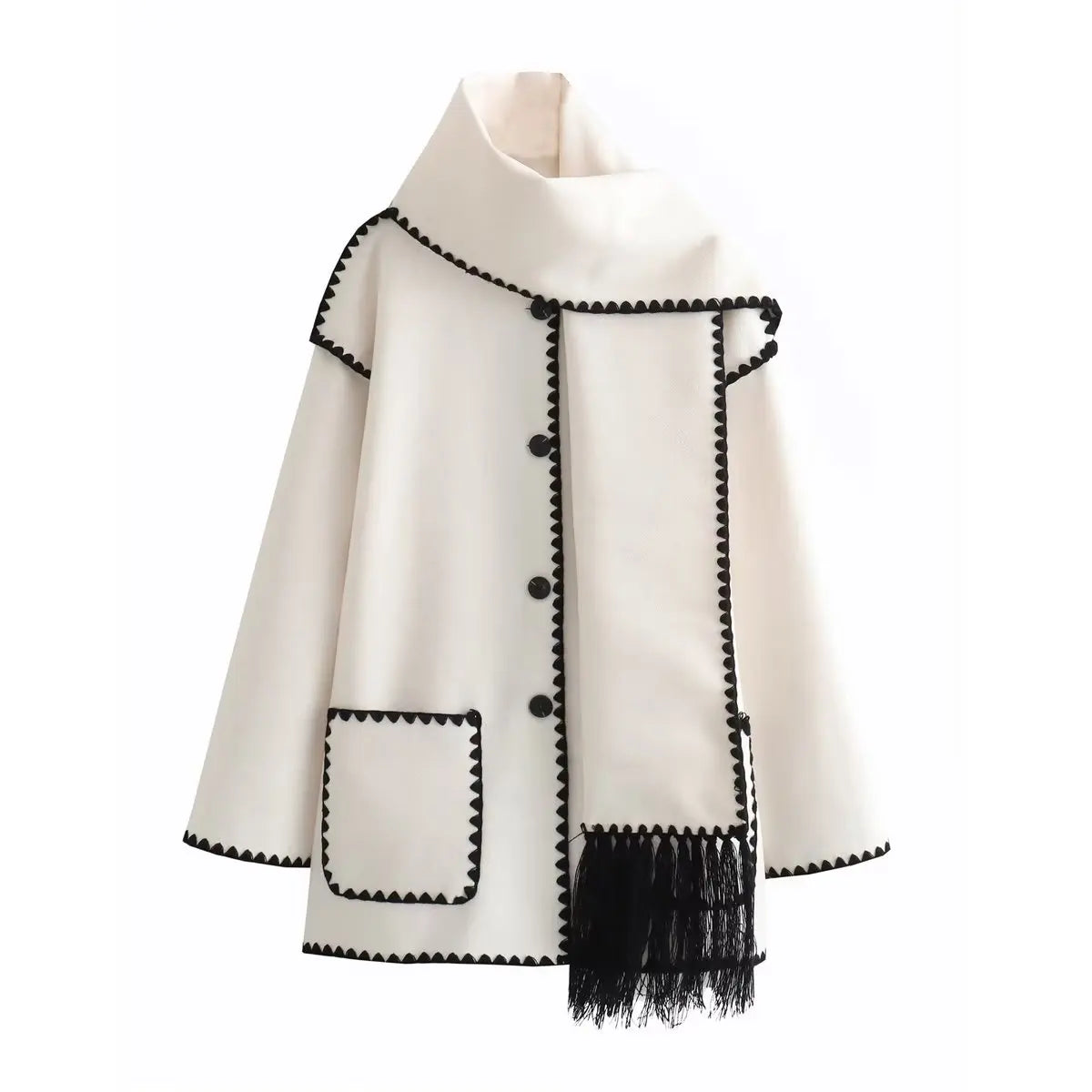 Warm wool blend French coat with integrated scarf and bold whipstitching for cold-weather style
