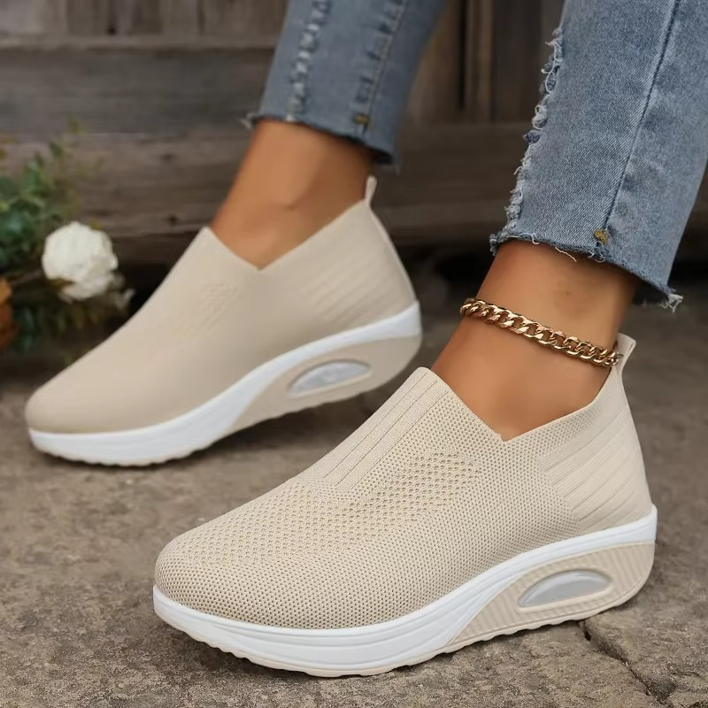 Women's gray orthopedic slip-on walking shoes with air cushion midsole and non-slip wedge outsole