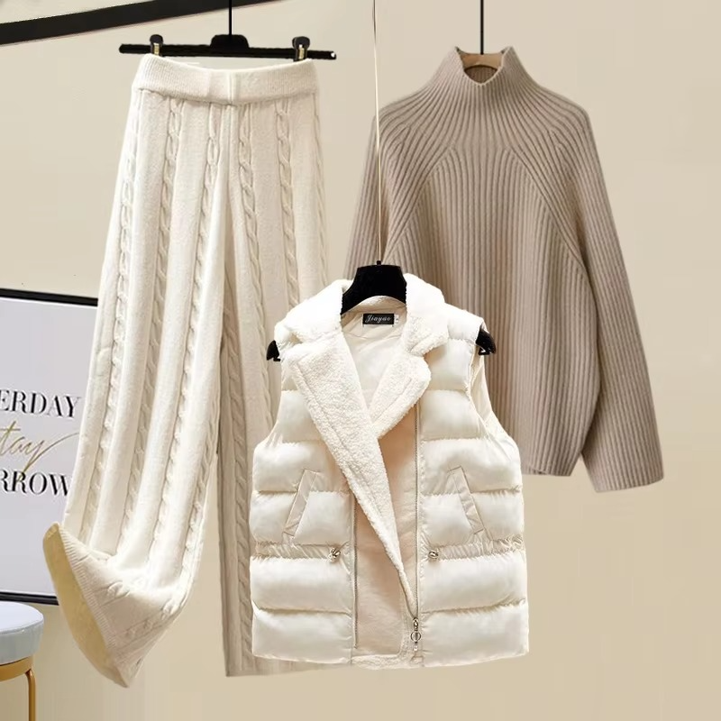 Women's 3-piece knitted sweater set with turtleneck pullover, sleeveless vest, and wide-leg pants