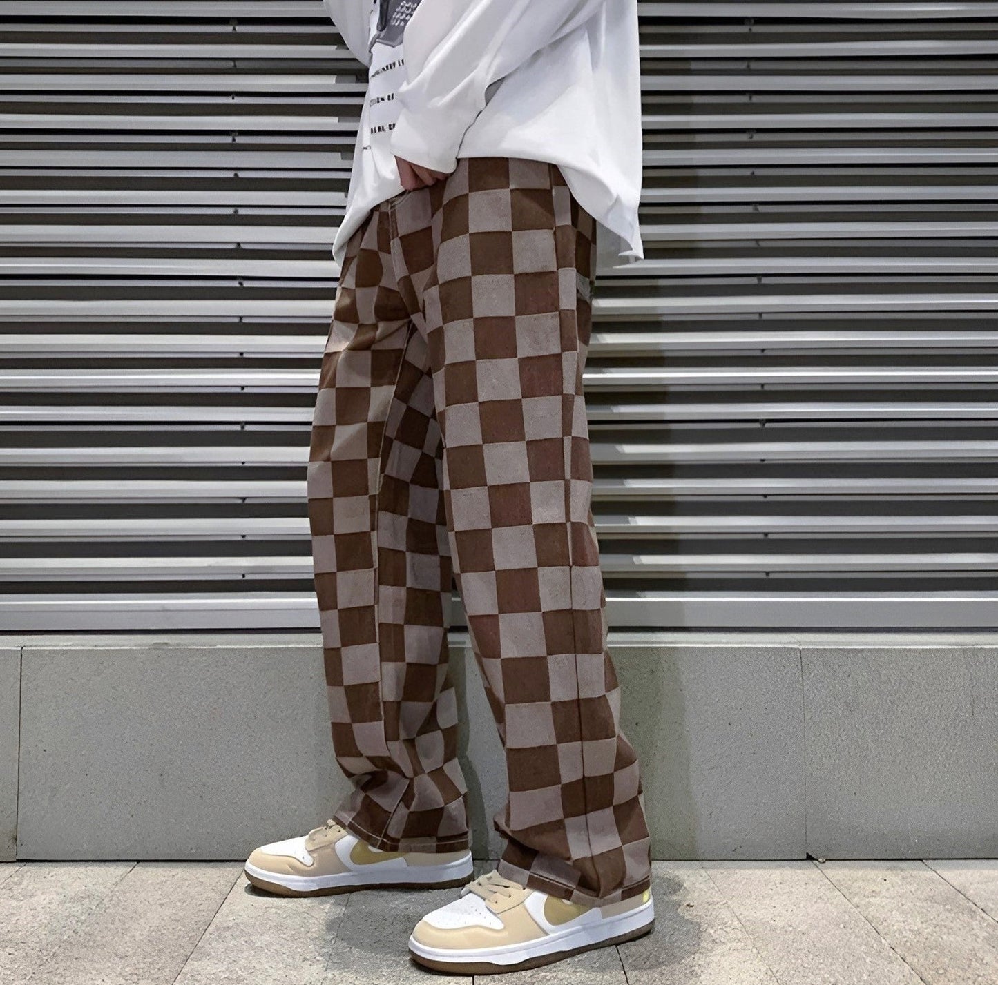 Loose fit checkered denim pants two-tone grid pattern bold streetwear aesthetic casual style
