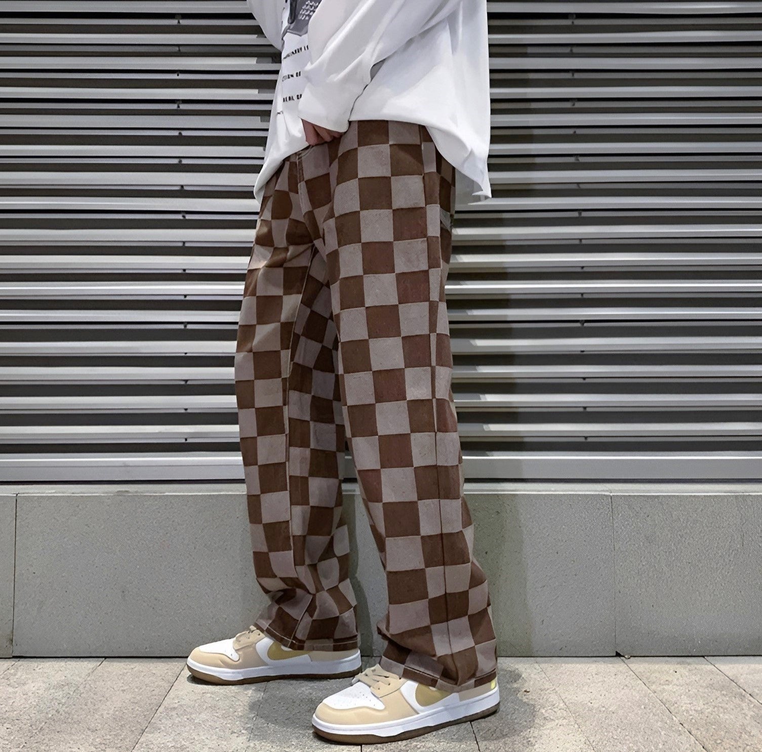 Loose fit checkered denim pants two-tone grid pattern bold streetwear aesthetic casual style