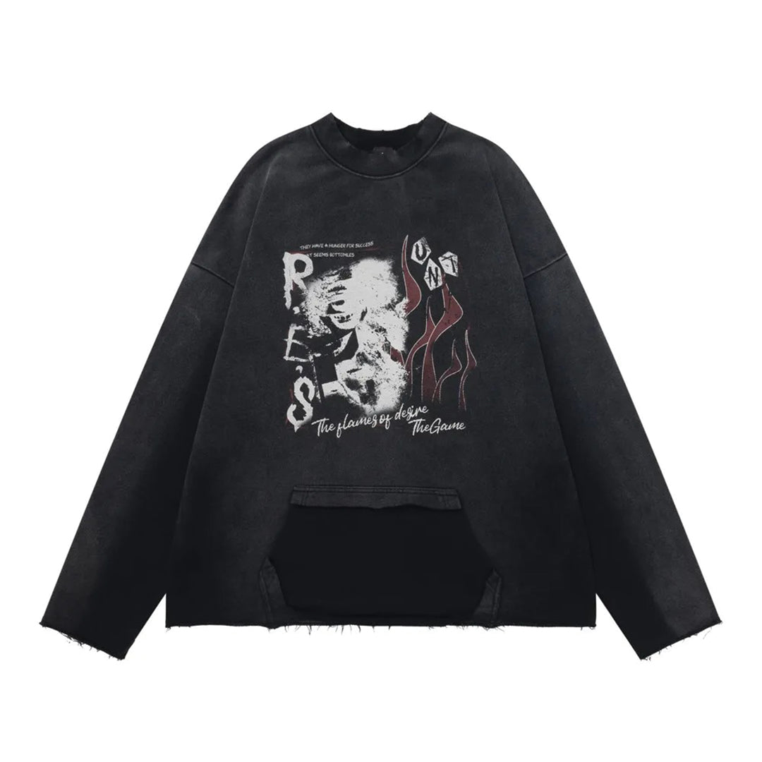 Oversized black distressed long sleeve shirt with raw-edge finishing and flame graphic for streetwear