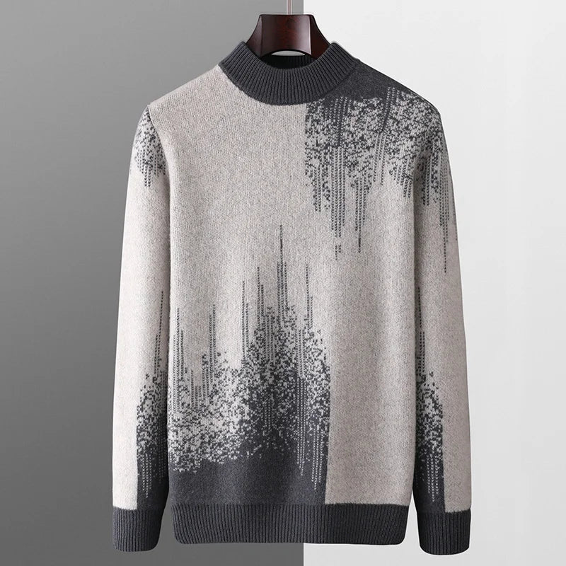 Modern abstract knit sweater with ribbed high neckline, subtle gradient pattern, and sleek slim silhouette