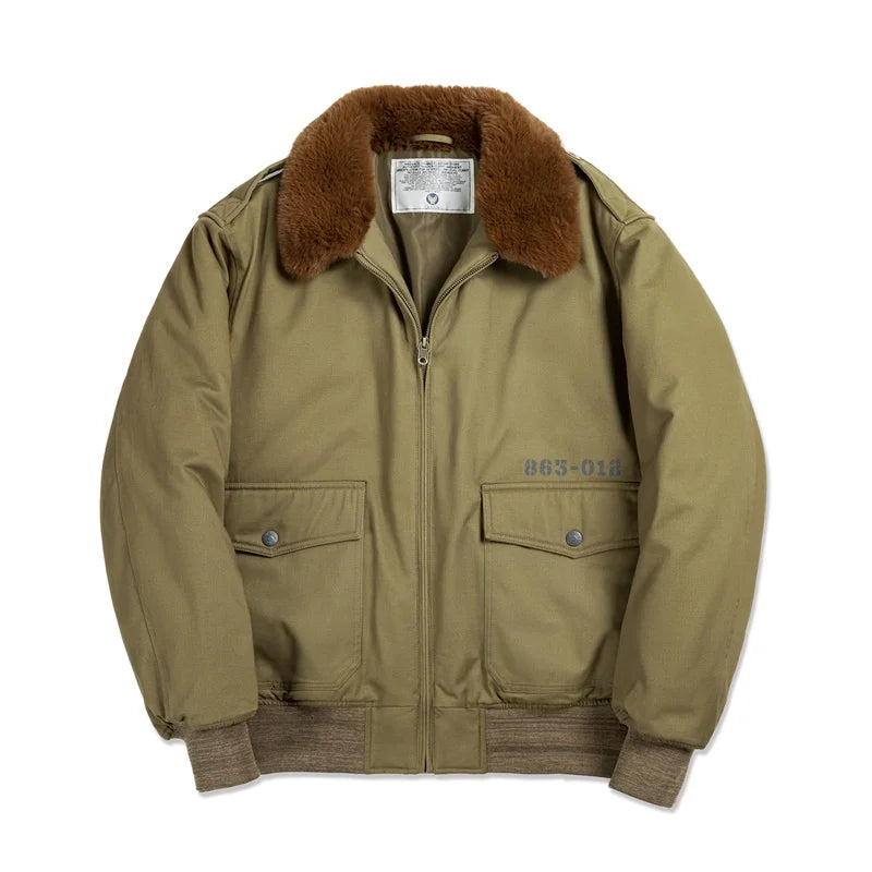 Men's heritage airforce bomber jacket with fur-lined collar, zip-front, cotton insulation, aviation style