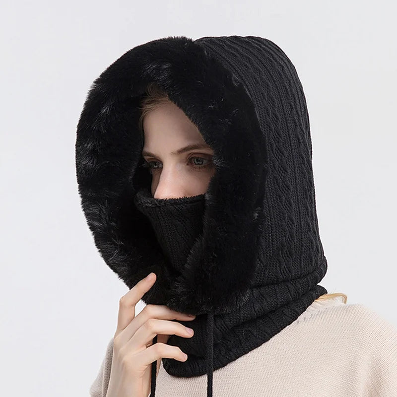 Women's cable knit balaclava with faux fur trim, drawstring high neck, fitted cozy winter style