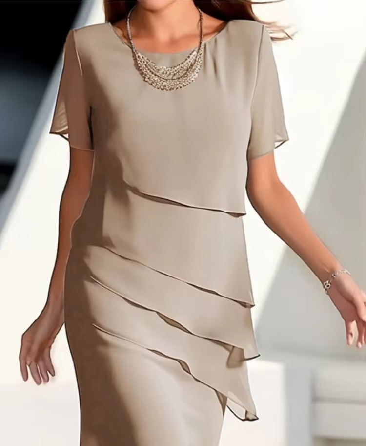 Women's lightweight casual summer dress short sleeve round neck ruffle edge solid color everyday chic