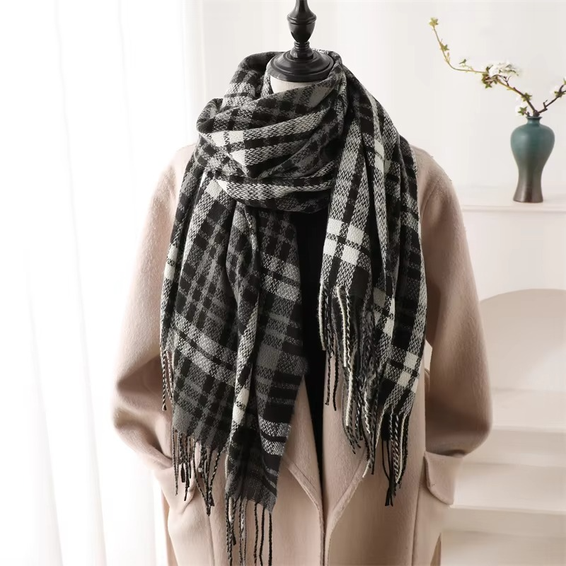 Women's ivory plaid cashmere blend winter scarf thick pashmina wrap with decorative tassels