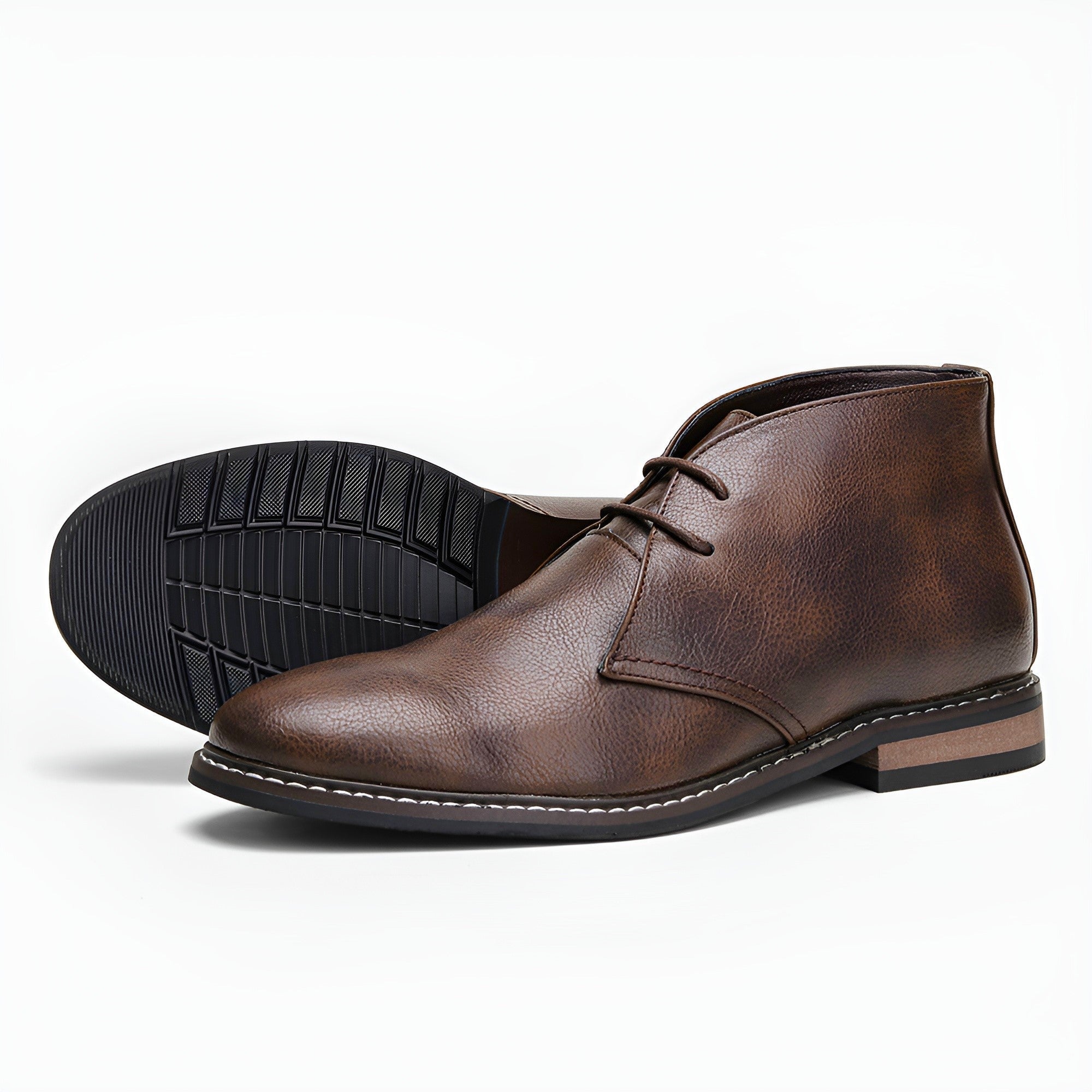 Men's tan genuine leather desert boot with sleek silhouette and non-slip rubber sole for timeless style