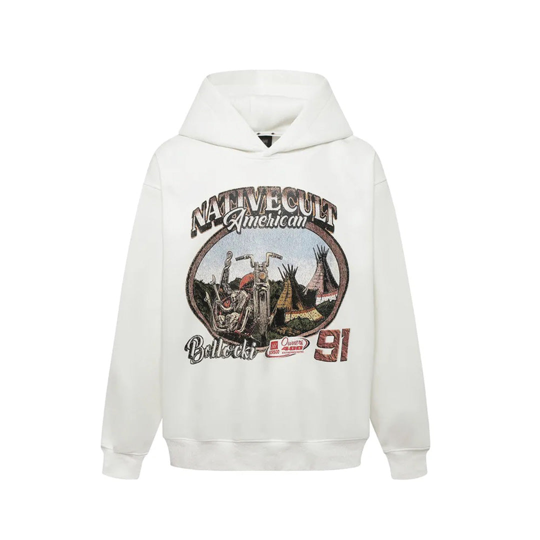 Native Cult washed vintage hoodie oversized fit gray cotton streetwear motorcycle graphic print