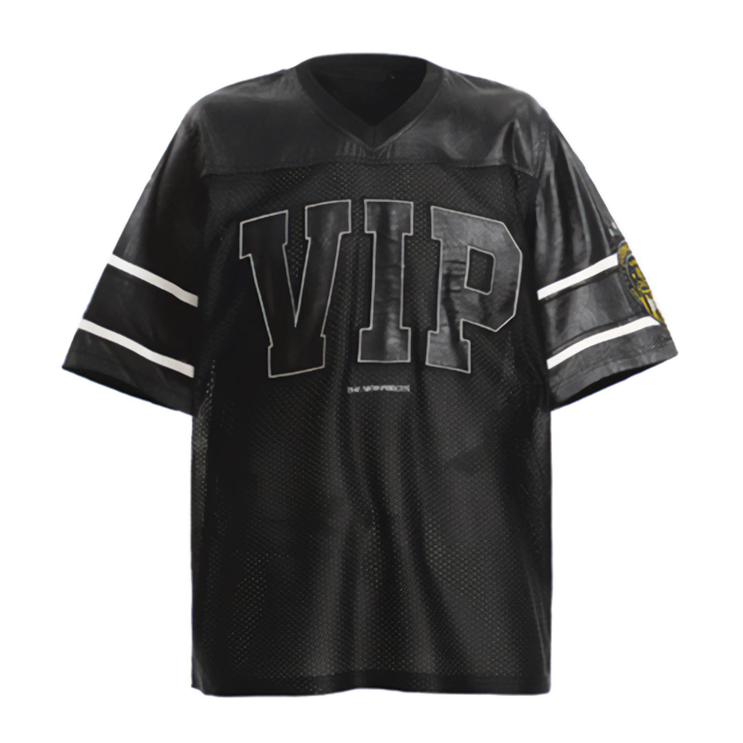 Red Zone vegan leather jersey red V-neck mesh breathable embroidered VIP patchwork streetwear athletic