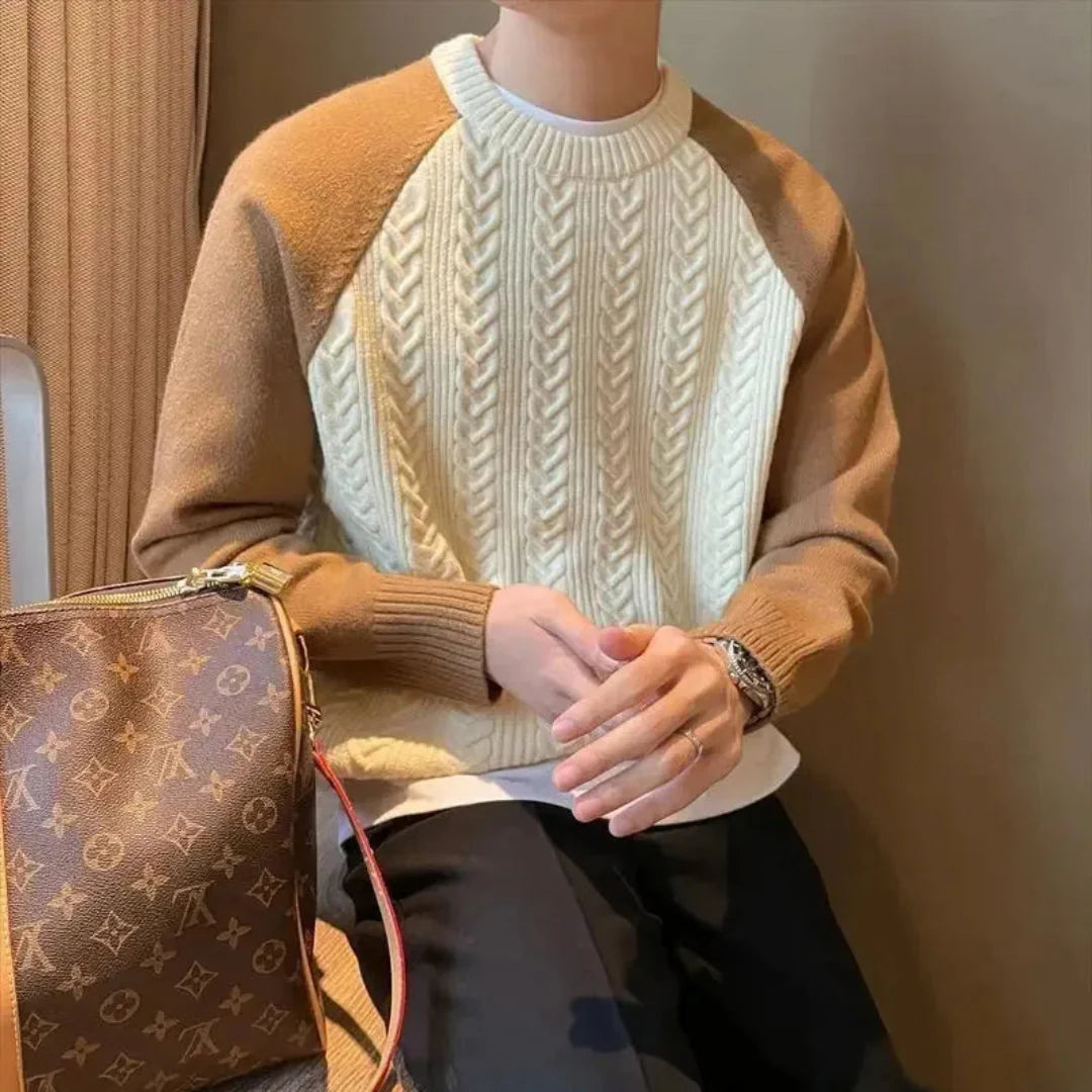 Men's cable knit sweater wool blend textured front raglan sleeves smart-casual knitwear