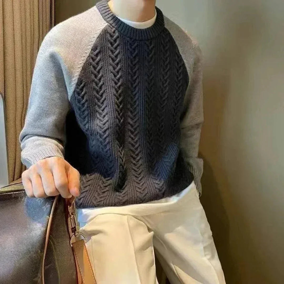 Men's cable knit sweater wool blend textured front raglan sleeves smart-casual knitwear