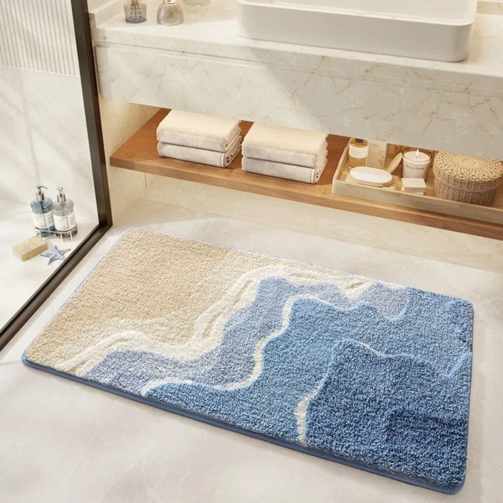 Coastal bath mat non-slip backing plush microfiber seaside pattern soft absorbent beach design
