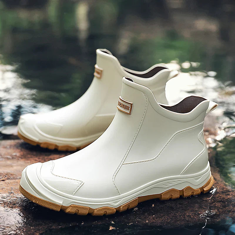 Men's brown waterproof insulated slip-on terrain boots with non-slip sole for extreme cold weather
