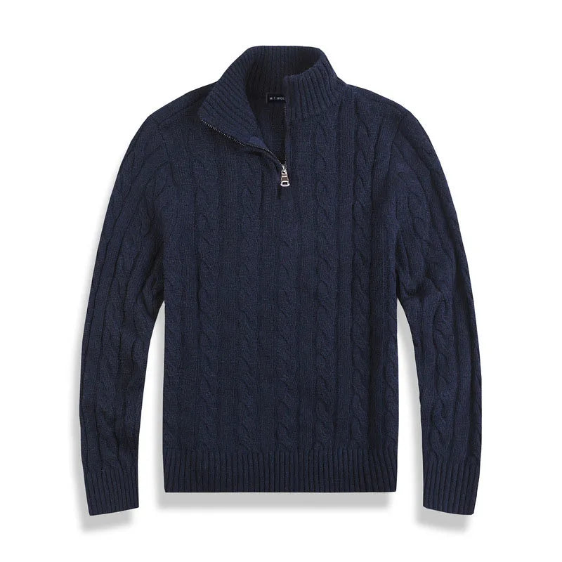 Men's navy blue half-zip cable knit cotton sweater with classic texture for layering