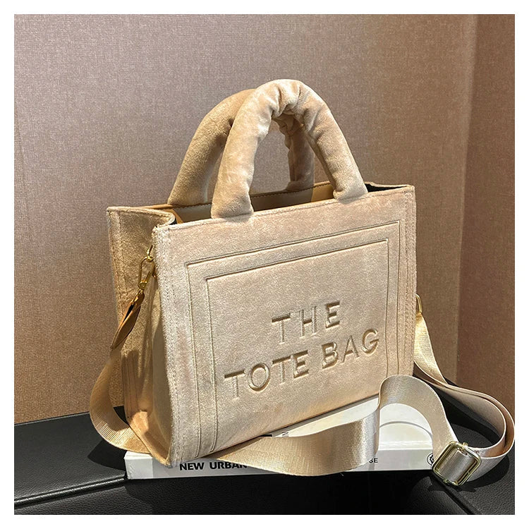 Urbann-Vibe velour tote bag with signature letter print, spacious interior, plush sheen finish