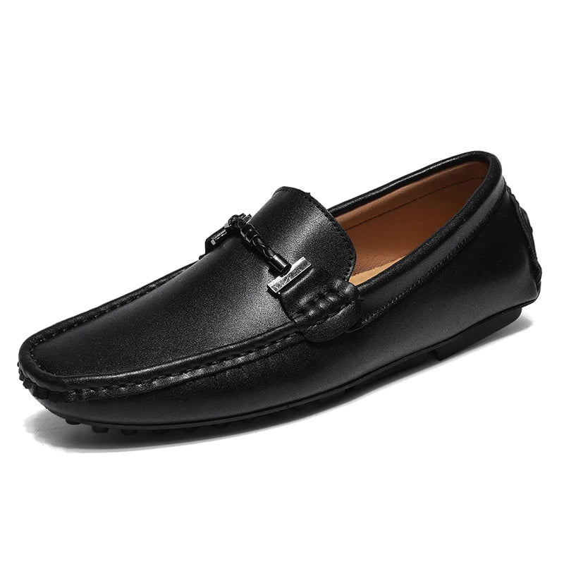 Brown premium cowhide leather slip-on loafer with polished finish and classic professional silhouette
