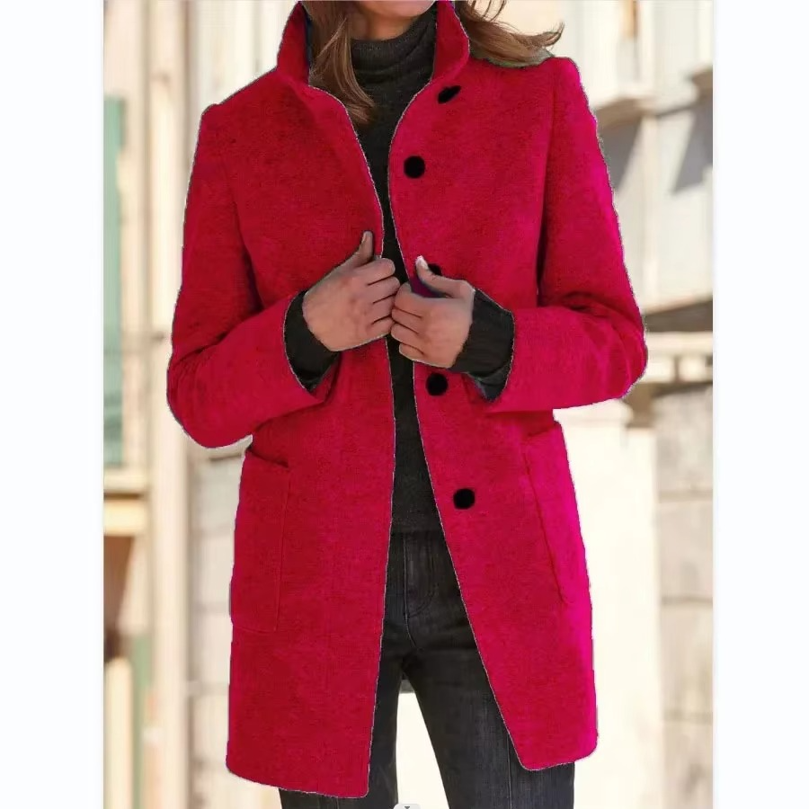 Black women's cotton coat stand collar casual long sleeve button pockets effortless spring style