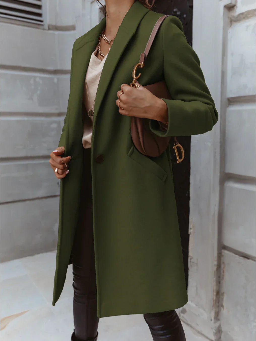 Women's double-breasted long coat structured tailored silhouette timeless elegance for formal everyday wear