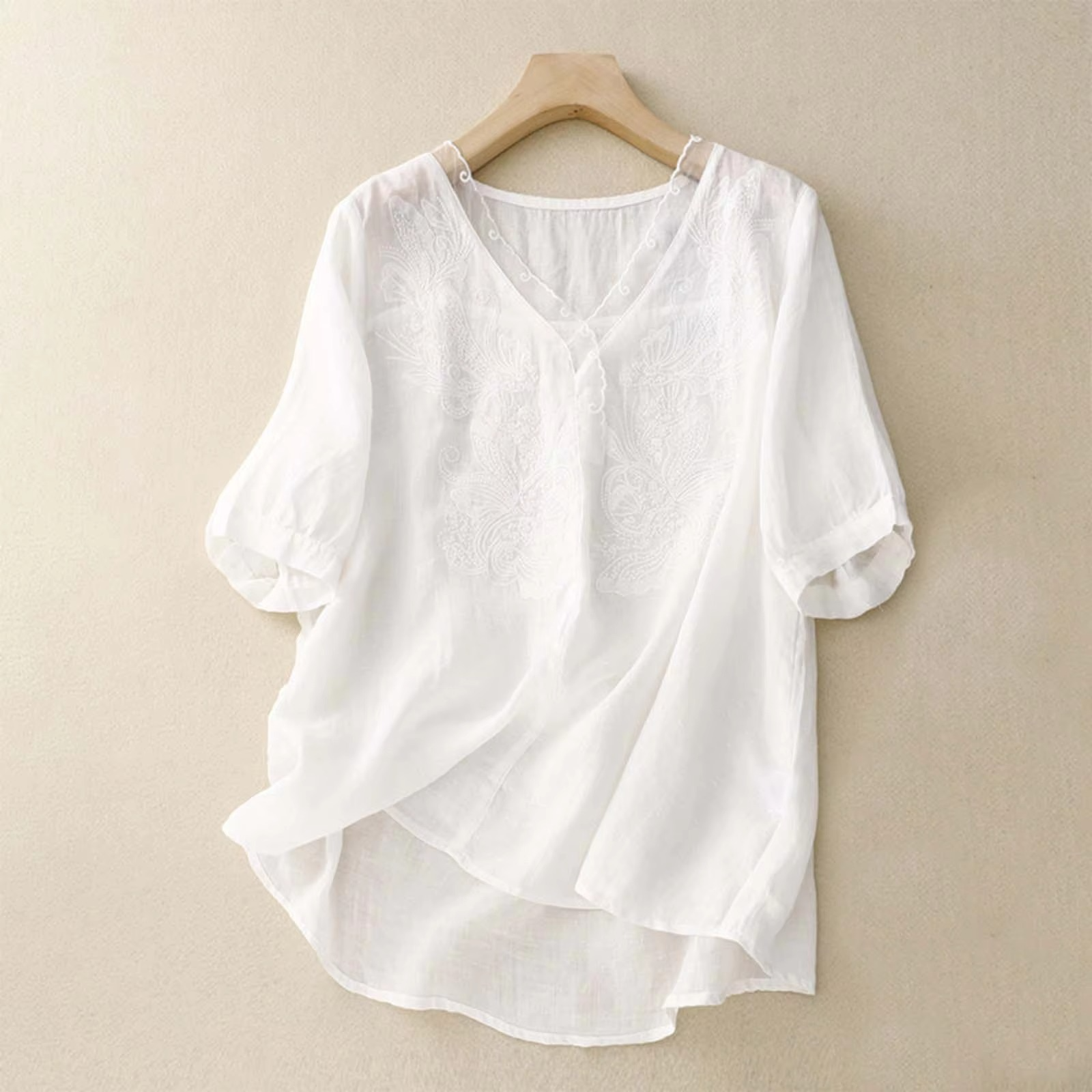 Women's vintage cotton linen blouse relaxed V-neck short sleeve summer top breathable lightweight fit