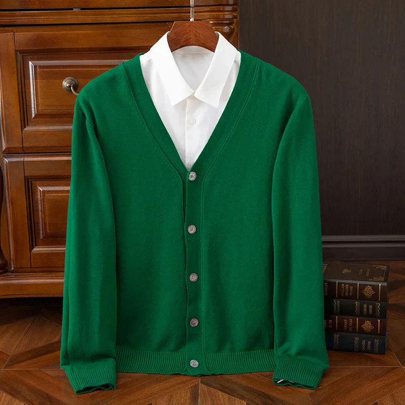 Men's grey cashmere wool blend V-neck cardigan relaxed fit with plush soft texture