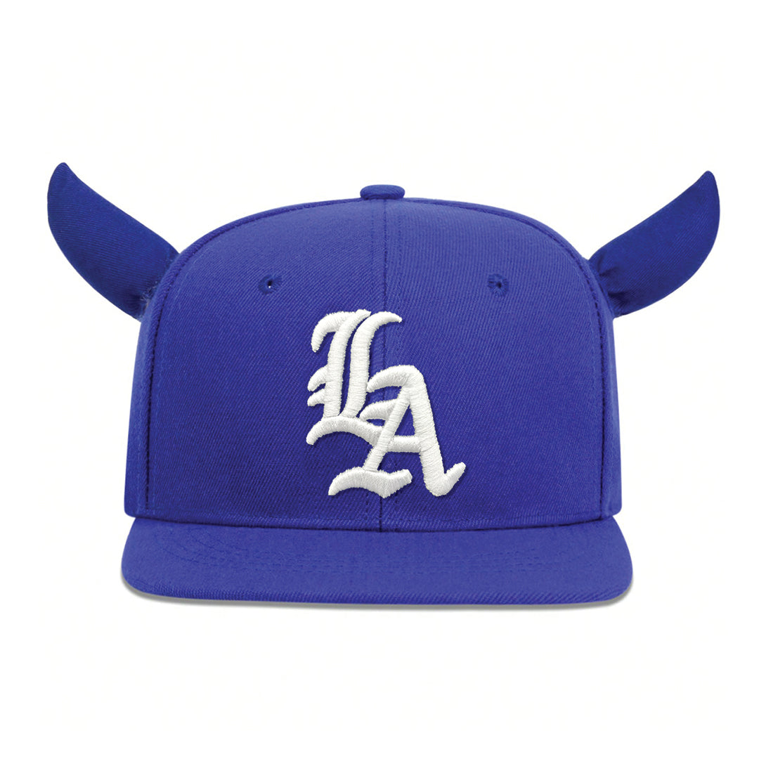 Black structured snapback cap with gothic LA embroidery and bold horned detail for streetwear