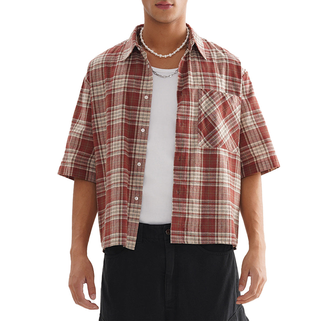 Men's relaxed fit plaid short sleeve shirt in warm vintage-inspired tones, 100% breathable cotton