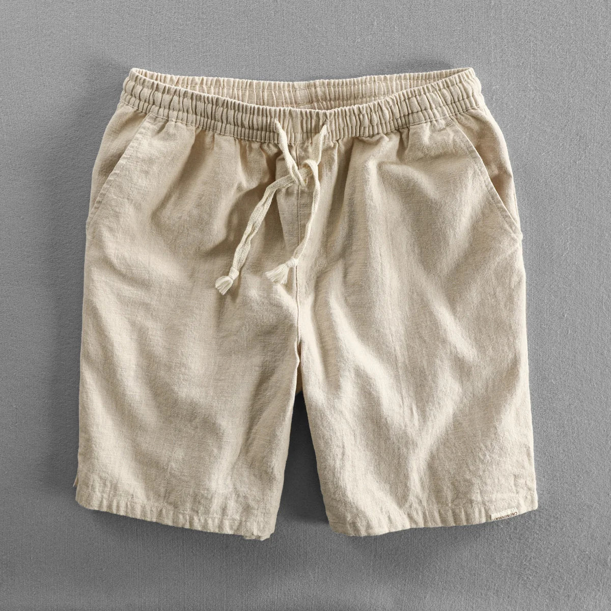 Men's beige cotton linen shorts relaxed fit lightweight breathable with adjustable drawstring waist