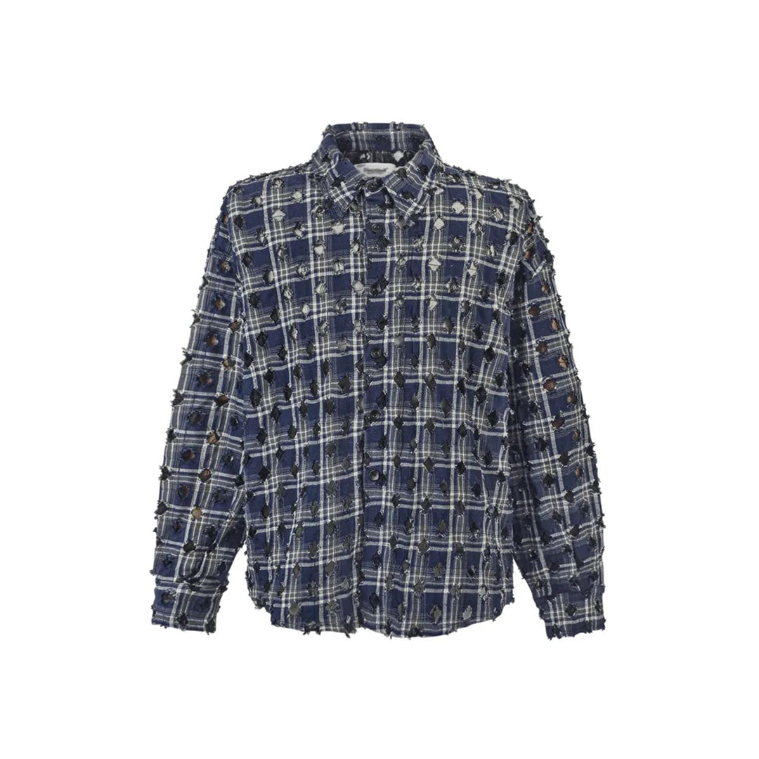 Distressed plaid loose-fit shirt with singed lace detailing and refined tailoring for an edgy look