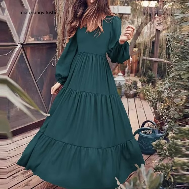 Retro loose V-neck long sleeve dress, relaxed silhouette in neutral tone, effortless everyday chic style