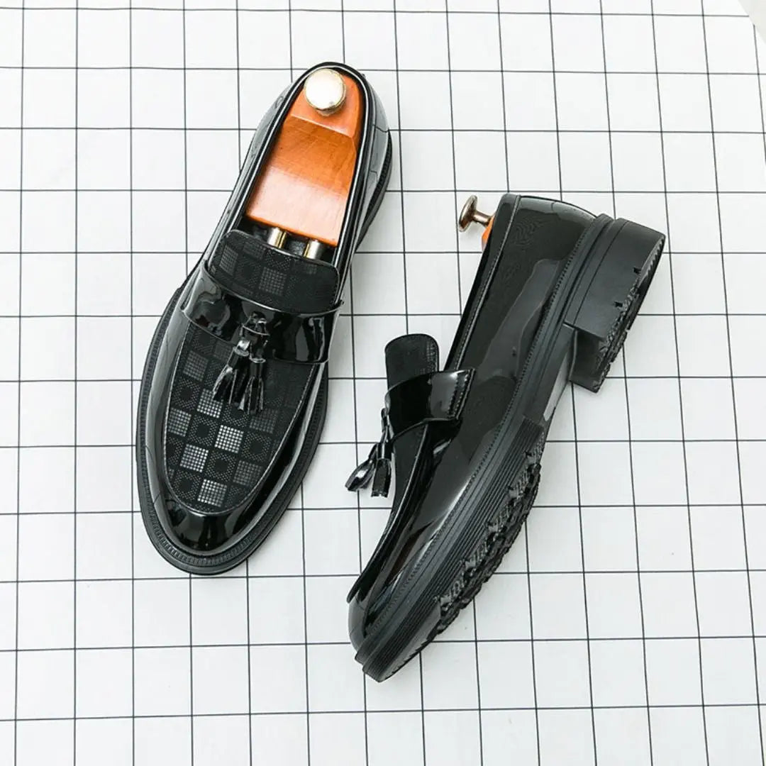 Men's brown checkered leather tassel loafers Italian-crafted slip-on shoes with tasseled detail