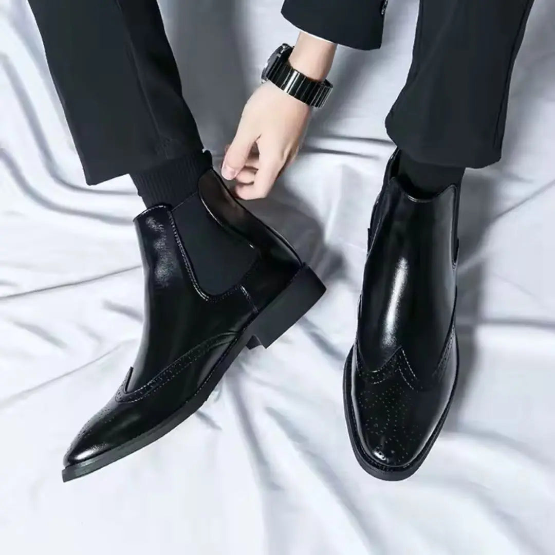 Men's black Chelsea boots waterproof PU upper slip-on elastic side panel sleek minimalist style