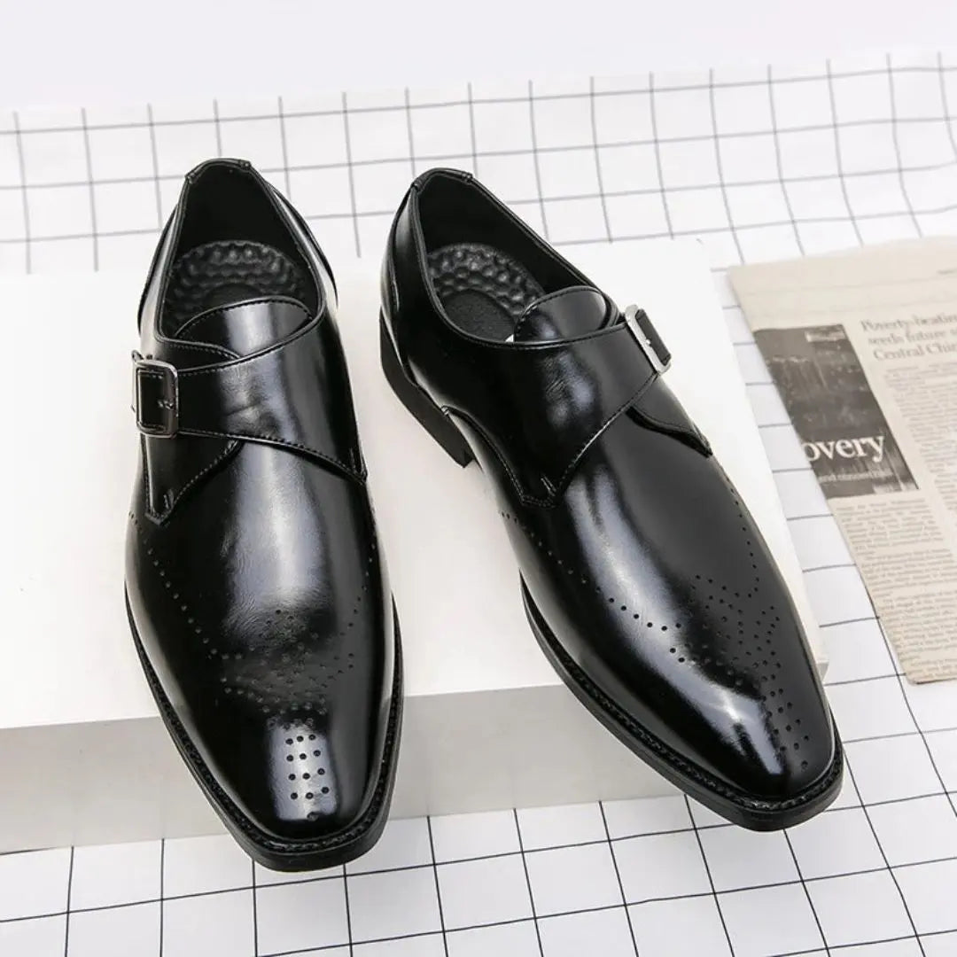 Black leather monk strap dress shoes with silver-tone buckle, polished silhouette for professionals