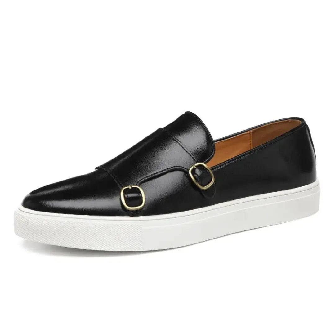 Sebastian tan leather loafers gold-tone buckle cushioned sneaker sole sleek professional style