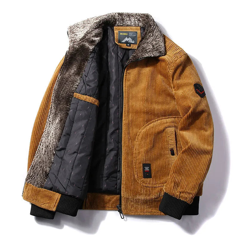 Men's olive bomber jacket regular fit with fur collar, ribbed cuffs and hem, casual winter outerwear