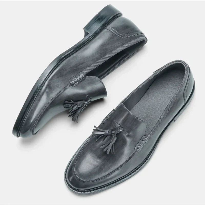 Men's gray vegan leather double tassel slip-on loafers with polished finish for dress or casual wear