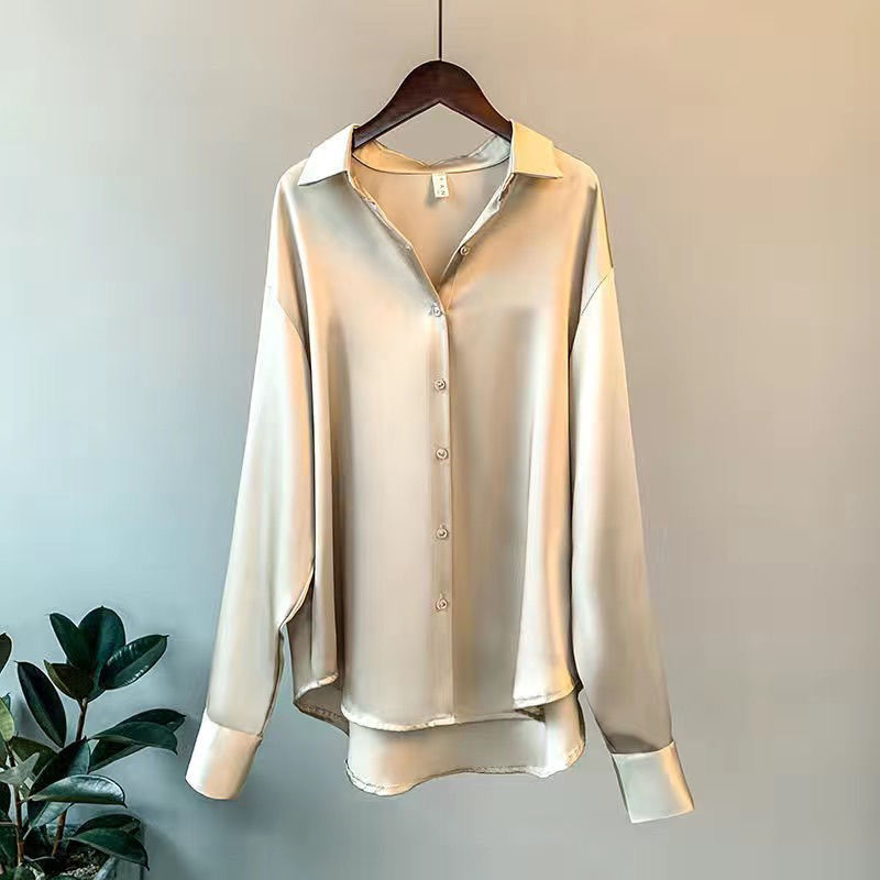 Women's relaxed fit long sleeve blouse with classic button-down front, effortless sophisticated silhouette