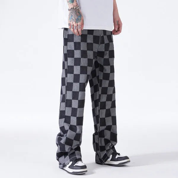 Loose fit checkered denim pants two-tone grid pattern bold streetwear aesthetic relaxed silhouette