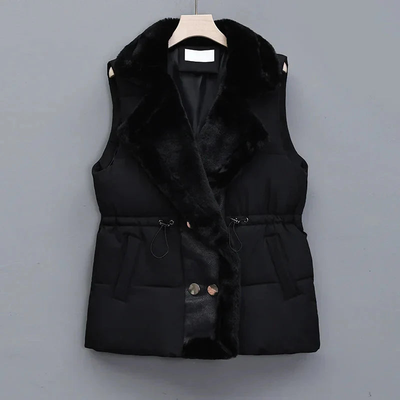 Women's black quilted puffer vest relaxed fit hip-length with drawstring waist and collared neckline