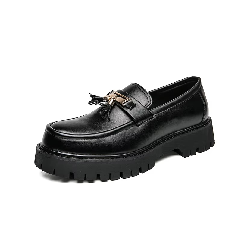 Men's black leather platform loafers slip-on formal dress shoes with thick rubber sole for business